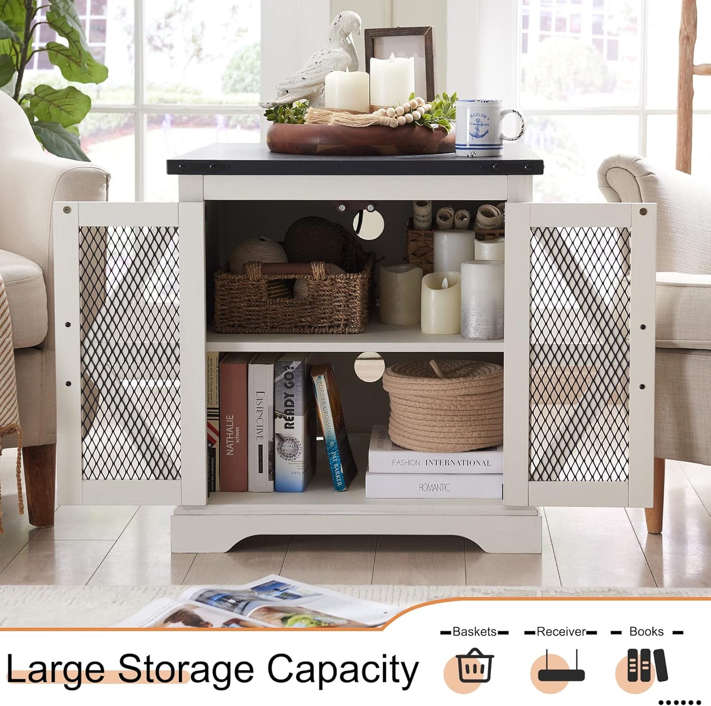 JXQTLINGMU Farmhouse End Table, 24" Large Sofa Side Table with Charging Station, Mesh Barn Door, and Adjustable Storage Shelf, Rustic Wood Square Nightstand for Living Room, Bedroom, Office, White