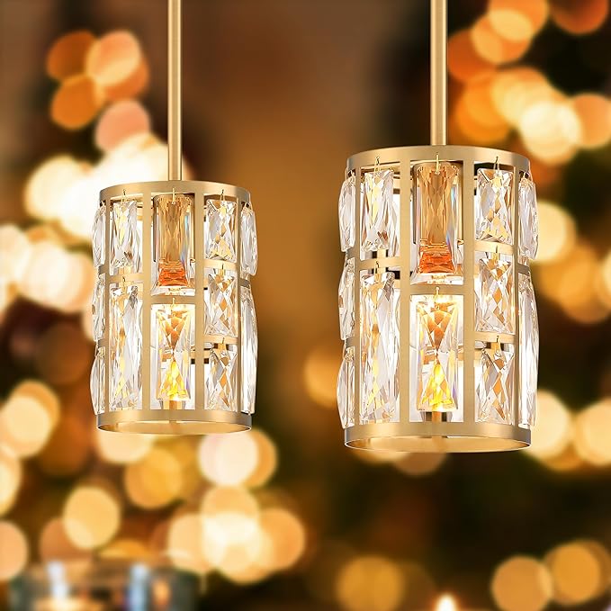 MEXO Modern Crystal Pendant Light Fixture 3-Pack Gold Finish Hanging Lighting Crystal Chandelier for Kitchen Island