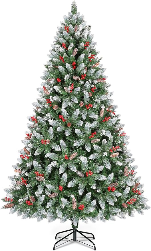 6.5 Ft Pre-Lit Artificial Christmas Tree with 400 Dual Color LED Lights & Timer - Snowy Spruce with 1100 Branch Tips & 60 Pine Cones & 60 Berries Indoor Outdoor Home Christmas Decorations