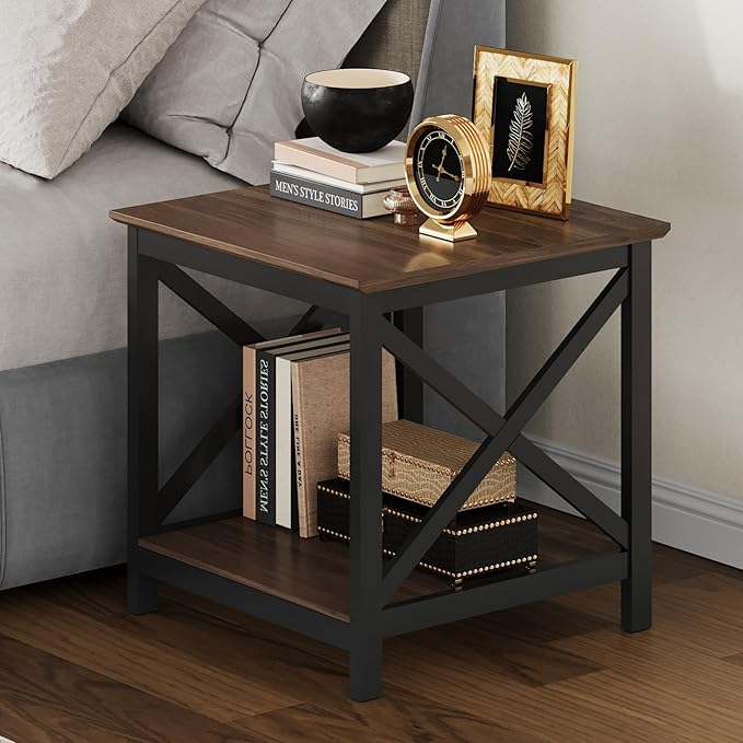 ChooChoo End Tables Set of 2, 24 Inch End Table with 2-Tier Storage Shelf, Side Table for Living Room, Wood Nightstand for Bedroom, Office, Painted Surface, Walnut