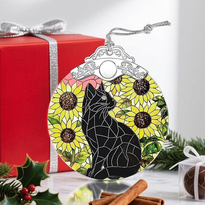 Stained Glass Ornament, Christmas Ornament, Hanging Ornaments for Home Decor & Christmas Tree Ornaments – Exquisite Holiday Decor, Cat Lovers Gifts, Xmas Gifts & Holiday Present - Black Cat