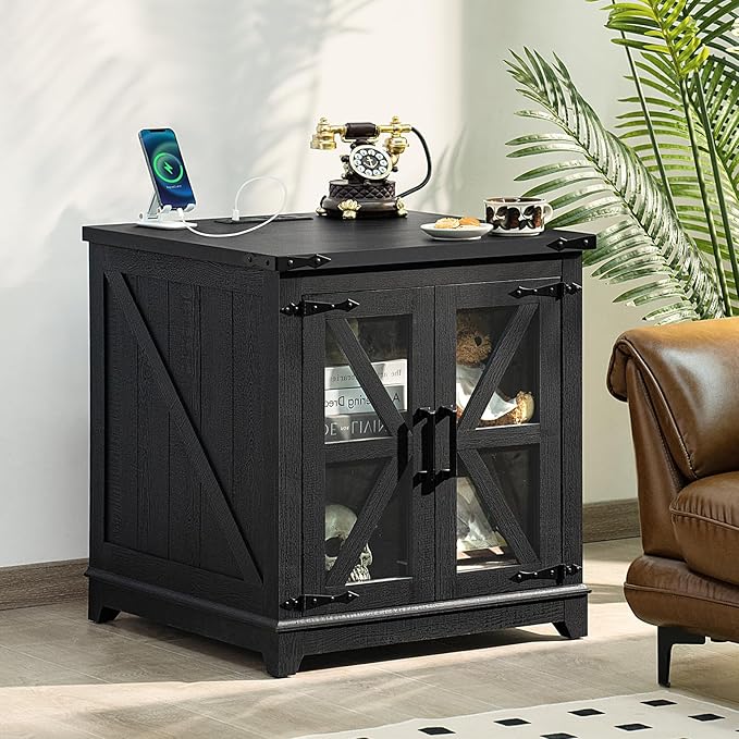 Farmhouse End Table, 24" Large Sofa Side Table with Charging Station Glass Barn Door, Wood Nightstand with Adjustable Storage Shelf, Square Bedside Table for Living Room, Bedroom