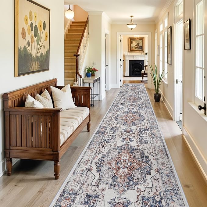 Hallway Washable Runner Rug - 3x16 Kitchen Rugs Entryway Rug Runner Vintage Soft Floor Mat Non Slip Indoor Farmhouse Carpet for Bathroom Living Room Bedroom (3 X 16, Brick)