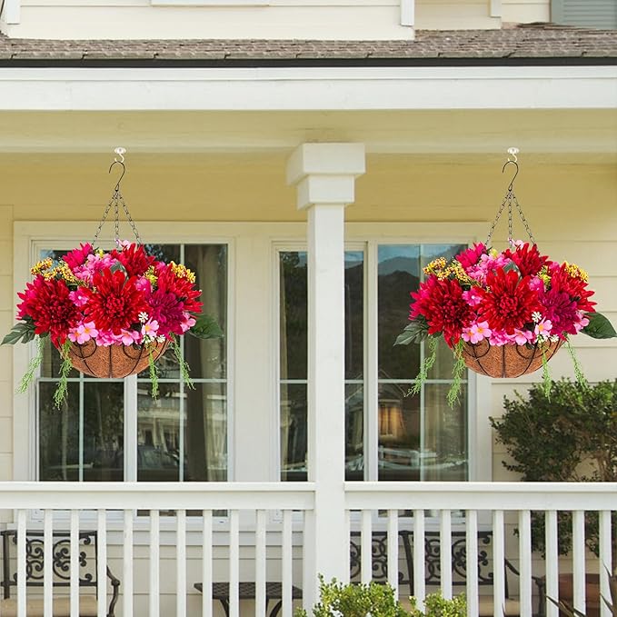 HyeFlora Artificial Fake Hanging Fall Mums Flowers Baskets for Outdoor Decoration, Faux Red Chrysanthemum Silk Red Flower, UV Resistant Realistic for Porch Patio Balcony Yard Summer Autumn Decor