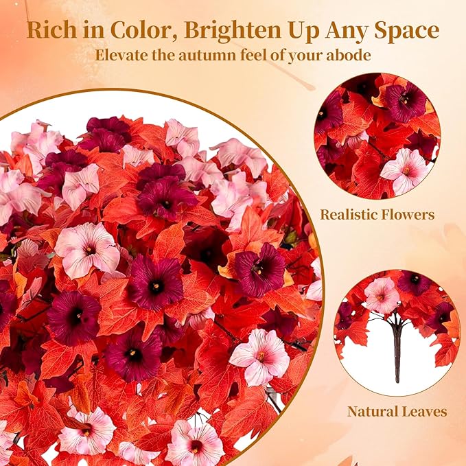 Artificial Fall Fake Flowers Plants for Outdoor Decoration 2PCS No Fade Faux Petunias UV Resistant Realistic Autumn Silk Flowers for Home Garden Balcony Yard Porch Deco (Dark Red)