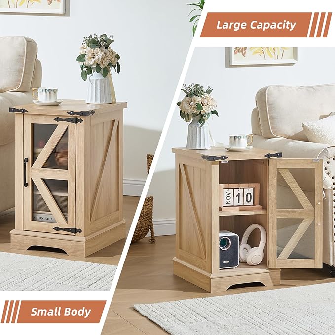 Narrow Night Stand for Small Spaces, Farmhouse Side End Table with Glass Barn Door Storage, Natural Wood Bedside Tables, Nightstand Cabinet Organizer for Living Room Bedroom
