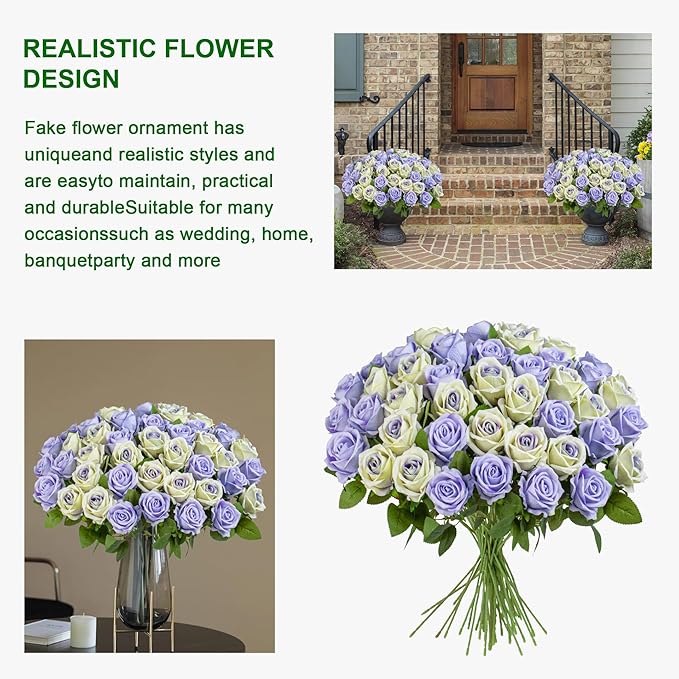 Artificial Flowers Roses Touch Fake Rose Bouquet Flower Stem for Wedding Centerpieces DIY Wreath Home Decorations Silk Roses Mothers Party Fake Outdoor Flowers Decor 19.6"(Mix50PCS)