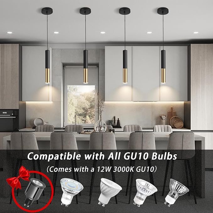 Modern Black and Gold Pendant Light Fixture for Kitchen Island, 1-Light Pendant Lighting, Lights Cord Adjustable, Matching GU10 lamp Holder,for Living Room Bedroom Dining Room