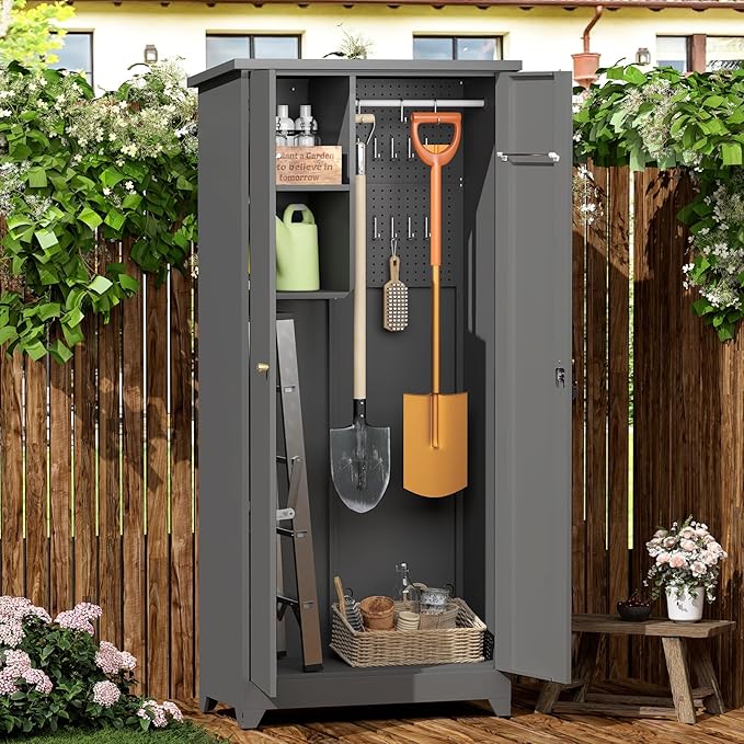 GREATMEET 72.8" Outdoor Broom Storage Cabinet, Waterproof Outdoor Narrow Storage Shed, Metal Storage Cabinets for Cleaning Supplies with Slanted Roof, Utility Closet, Broom Mop Storage Cabinet, Grey