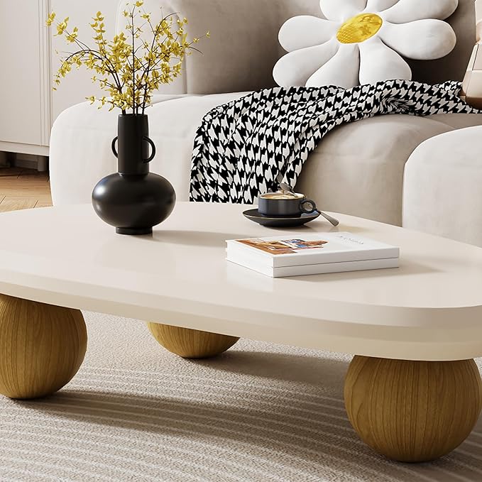 51.18" Large Cloud Coffee Table for Living Room, Oval Wood Coffee Table with 3 Brown Ball Legs, Unique Modern Living Room Table Center Table for Home Office, White