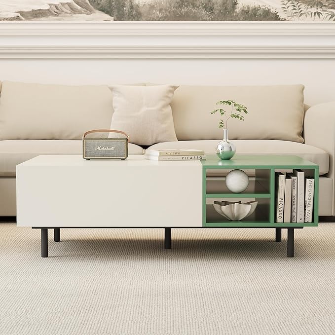 51.18" Modern Minimalist Coffee Table with Sliding Drawers & Open Storage Shelves, Storage Coffee Table for Apartment, Living Room,or Office, White & Green
