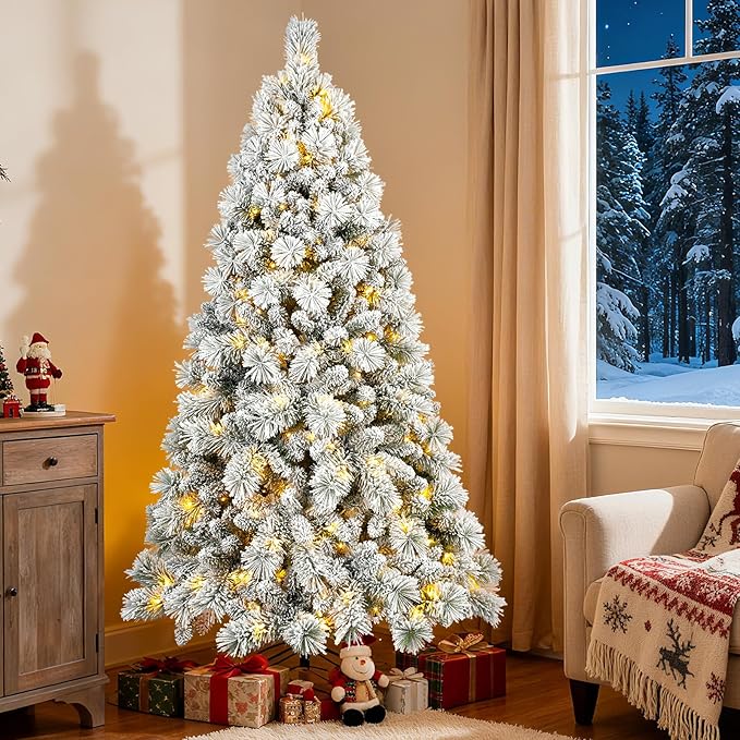 Flocked Christmas Tree 7ft, Premium Prelit Christmas Tree - Trees with Lights-White Snow Flocked Pre-lit Trees