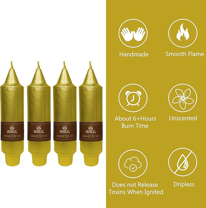 5Inch Short Taper Candles Candlesticks Handmade Set of 4 Unscented Smokeless Dripless Tapered Candle Candle Stick for Wedding Christmas Decoration(Gold)