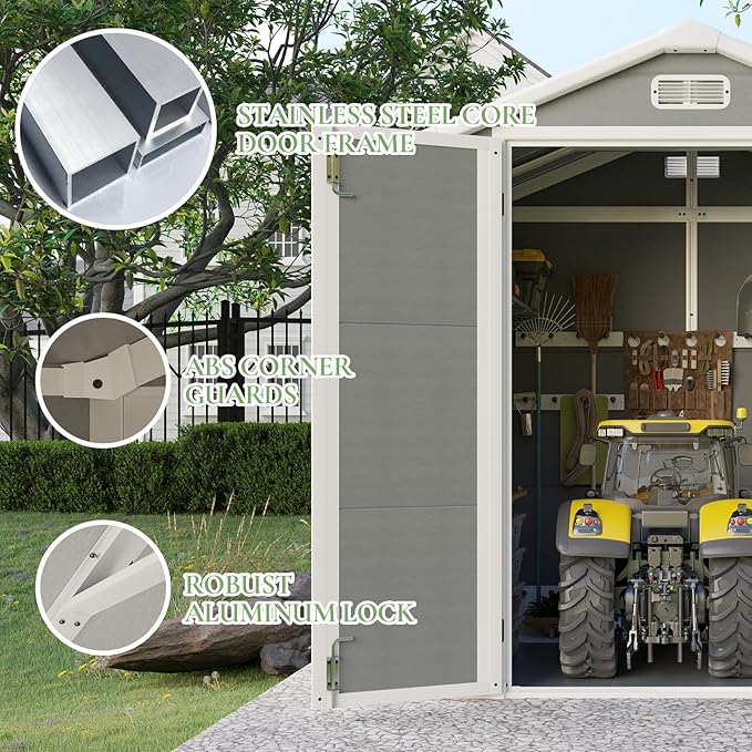 5.5 x 4.4 ft Resin Storage Shed with Floor, Outdoor Tool Shed with Window, Vents, and Stainless Steel Cores, for Pool Supplies/Lawn Mower/Bikes, Grey