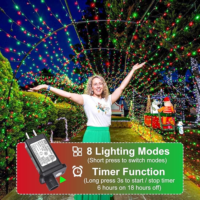 Red and Green Christmas Lights Outdoor, 100FT 300 LED Christmas Tree Lights with 8 Modes Waterproof, Plug in Green Wire String Twinkle Lights for Indoor Yard Garden Xmas Party Holiday Decorations