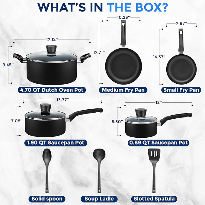 SereneLife Kitchenware Pots & Pans Basic Kitchen Cookware, Black Non-Stick Coating Inside, Heat Resistant Lacquer (11-Piece Set), One Size, Black