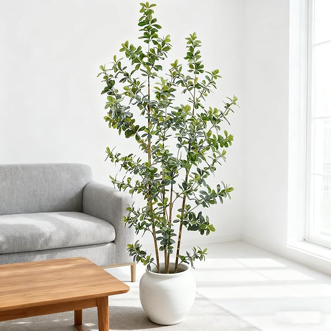 Premium 4 Main Trunks 7 ft Faux Black Olive Tree, Realistic Olive Trees Artificial Indoor, Low-Maintenance Fake Tree, Ideal Artificial Tree for Home Office Décor (Greens, 7 ft)