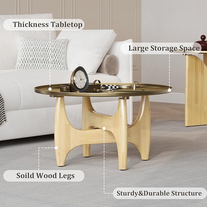ACEDÉCOR 30“ Round Coffee Table, Brushed Gold Center Table with Low-Rim Edge Tray Top and Solid Wood X-Cross Base for Living Room Office Apartment