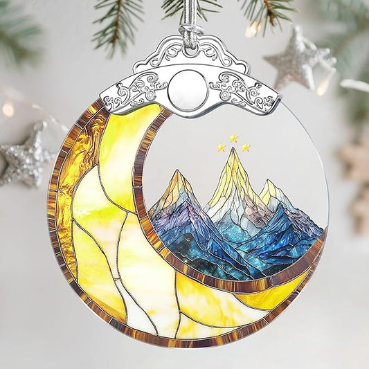 Christmas Ornaments: Stained Glass Ornament, Christmas Tree Ornament, Hanging Ornaments for Home Decor & Xmas Tree Decorations – Holiday Decor, Holiday Present - Mountains & Moon