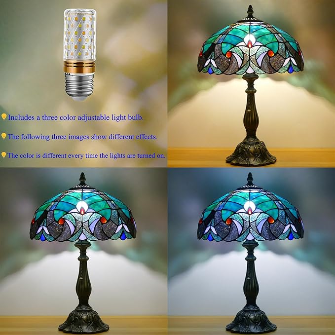 Tiffany Lamp Stained Glass Table Lamp Antique Bedside Reading Light W12H19 Inches (Green Liaison)