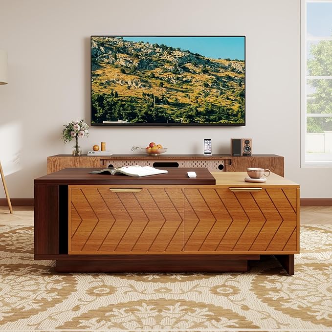 42"- 65" Extendable Coffee Table with Storage, Reversible Wood Coffee Table with 2 Drawers, Two-Tone Large Adjustable Center Table for Living Room, Office (Dark Walnut)