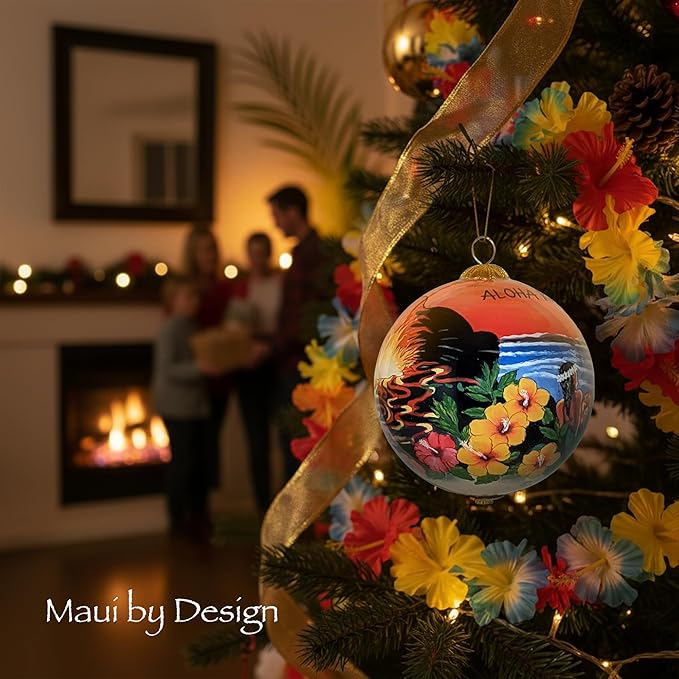Collectible Hawaiian Glass Ornament Hand-Painted with Volcano and More with Gift Box VS/H