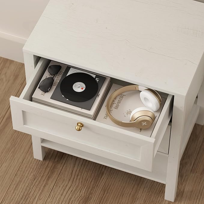 End Tables Set of 2 with 2 Drawers, Farmhouse Nightstand with Open Shelf, Modern Bedside Cabinet Side Table Night Stand for Bedroom, Living Room, Antique White