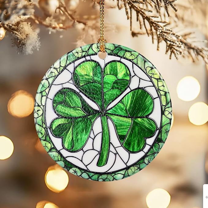 Christmas Ornaments, Dodosky 2.8in Ceramic Shamrock Ornament, Xmas Decor, Christmas Tree Ornaments, Xmas Decorations for Tree, Holiday Ornament, Irish Gifts for Women, Men, Good Luck Shamrock Decor