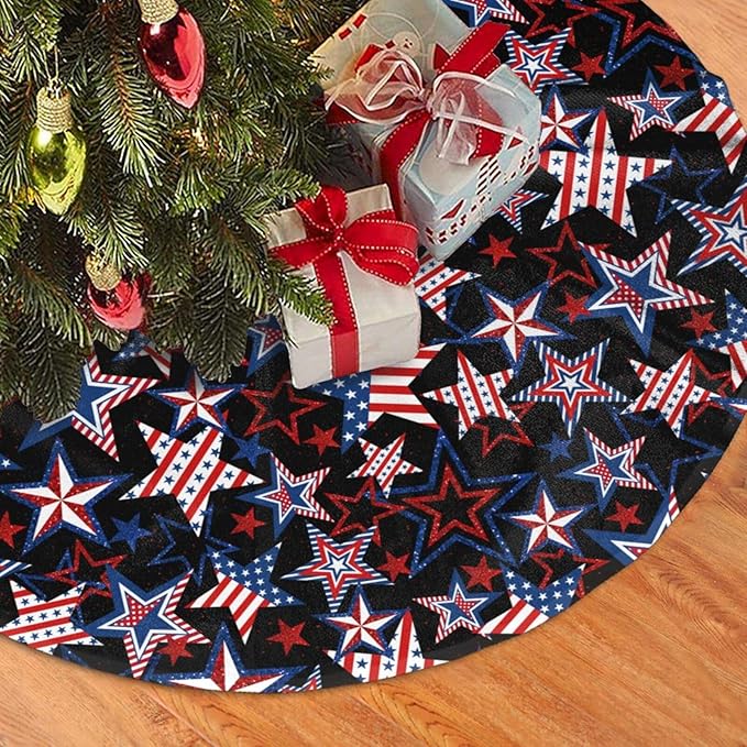 Patriotics Tree Skirt Stars and Stripes Veterans Day 4th of July Memorial Day Christmas Tree Skirt Xmas Tree Mat Christmas Tree Ornaments Decorations Holiday Party Indoor Outdoor 36"