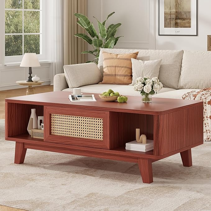 Soohow Coffee Table, Mid Century Living Room Tables with Storage, Modern Square with Rattan Drawer, Wooden Living Room Table with Solid Wood Leg