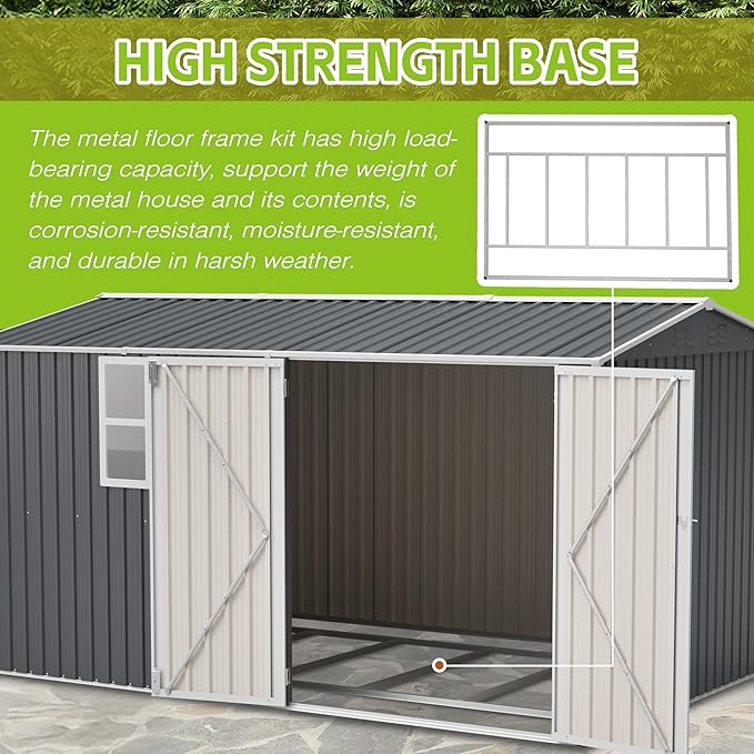 8x12 FT Metal Outdoor Storage Shed with Window & Reinforced Floor Frame, Lockable Double Doors, Weatherproof Steel Garden Tool Shed for Backyard, Lawn Equipment & Patio Organization