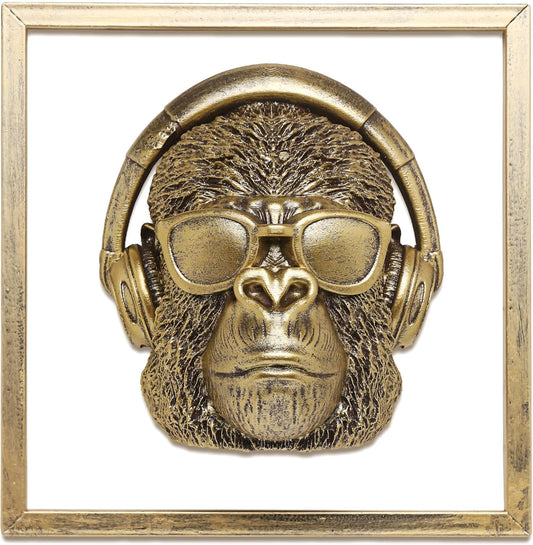 Animal Heads Wall Decor (Includes Metal Frame) Resin Animals Sculptures Head Wall Hanging Decoration Gold vintage Wall Sculpture for Living Room Bedroom Office (Gorilla)