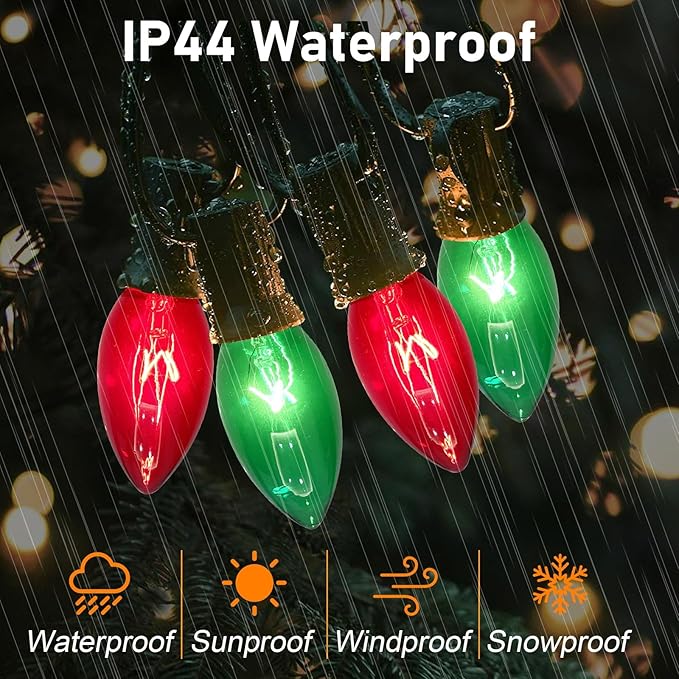 C9 Vintage Christmas String Lights, 25Ft Red & Green with 26 C9 Bulbs, Outdoor Hanging Patio Lights for Christmas Tree, Path, Roofline, Wedding Party Decoration