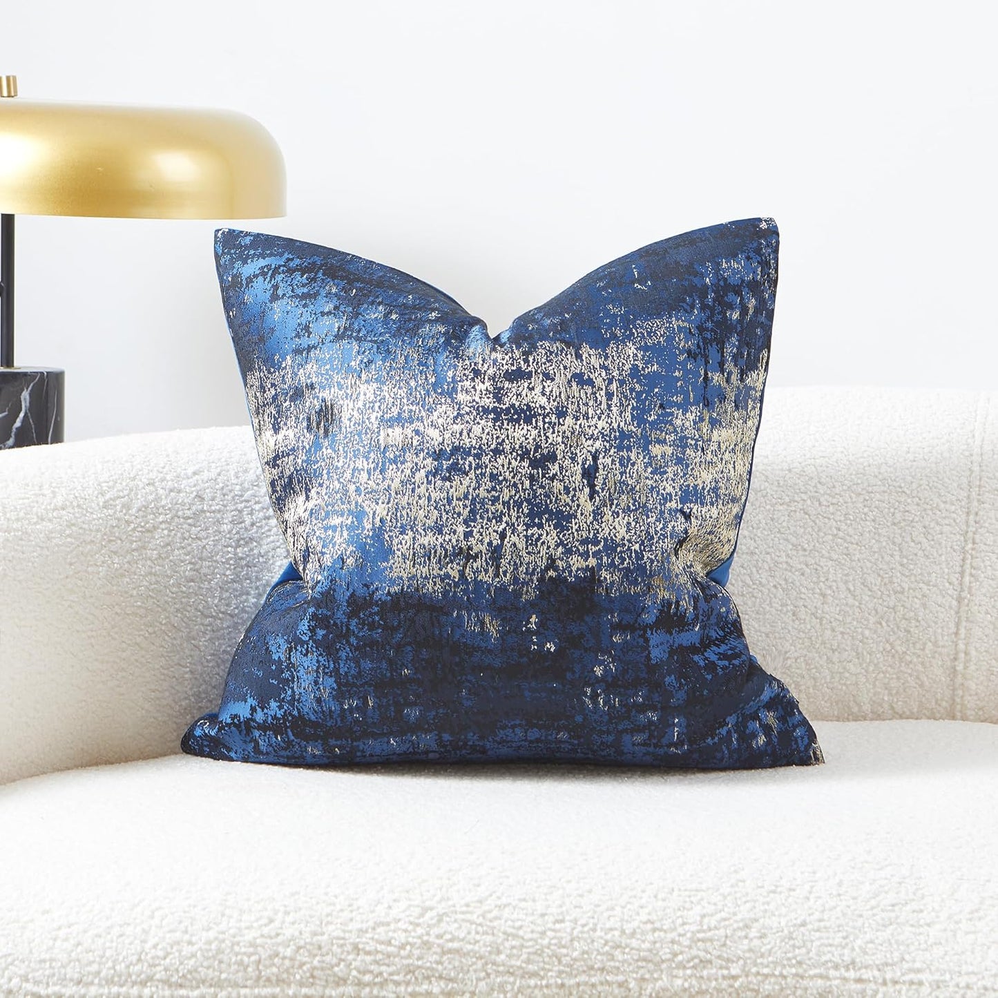 THE-TINOART Navy Gold Jacquard Modern Pillow Cover 20x20 - Reversible Design with Gold Thread Embroidery, Luxury Velvet Back for Sofa & Bed Decor