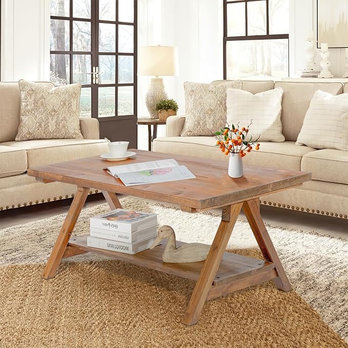 Farmhouse Coffee Table for Living Room, 2-Tier Solid Wood Coffee Table, Rustic Rectangular with Storage Open Shelf, Natural