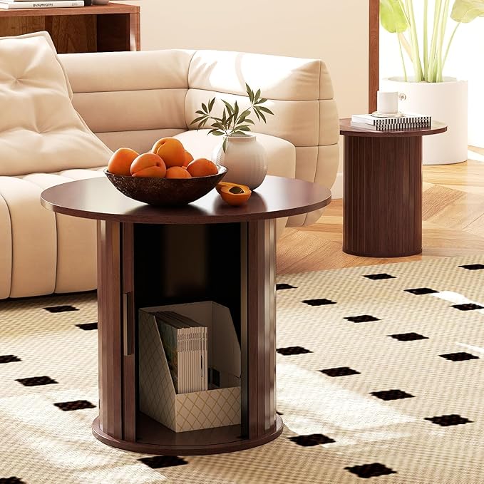 COSVALVE Nesting Coffee Table Set of 2 with Hidden Storage & Sliding Door, Circle Wood Coffee Table, Farmhouse Side & End Table Sets for Living Room, Small Spaces, Walnut