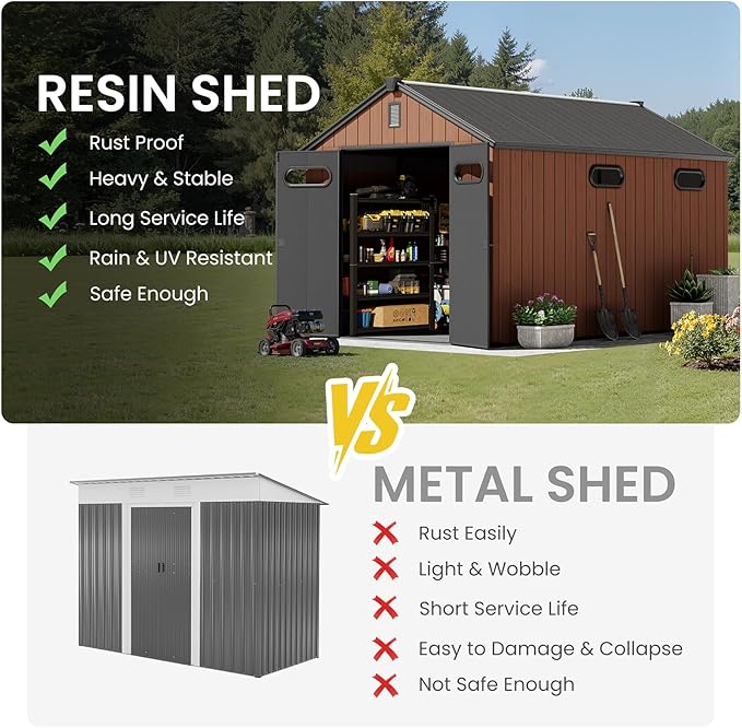 CRESTLIVE 8x12 FT Rust-Resistant Plastic Outdoor Storage Shed, Waterproof Resin Garden Shed with Floor, Doors, Skylight & Vent for Lawn Tools & Bikes