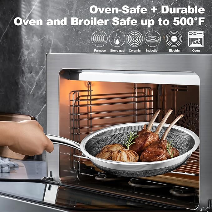 Fogdream 8"10"12" Non Stick Frying Pans, Stainless Steel Skillet with Lid, Tri-Ply Stainless Steel for All Cooktops, Dishwasher and Oven-Safe Cooking Pan, Stay-Cool Handle, Silver