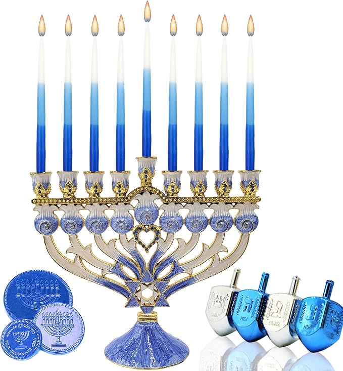 The Dreidel Company Deluxe Tapered Hanukkah Menorah Tri Color Blue, Blue, and White, Candles for All 8 Nights of Chanukah (5-Pack)