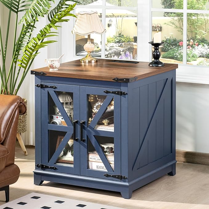 Farmhouse End Table,24" Large Sofa Side Table with Charging Station Glass Barn Door,Wood Nightstand with Adjustable Storage Shelf,Square Bedside Table for Living Room,Bedroom,Office-Blue