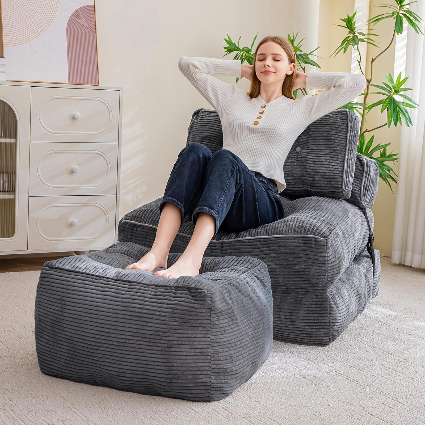 HIGOGOGO Square Stuffed Pouf Ottoman, Corduroy Poufs with Foam Chunk Filling, Furry and Fluffy Pouf Foot Stool Storage Ottoman, 21 X 21 Floor Poufs Foot Rest for Living Room, Dark Grey
