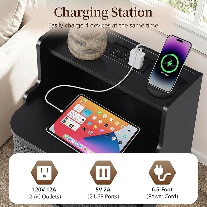 Metal Rattan End Table Set of 2 with Charging Station, Mid Century Modern Nightstand with 2 Doors, Bed Side Table with Storage for Couch,Living Room, Sofa Side Table for Office,Dorm - Black