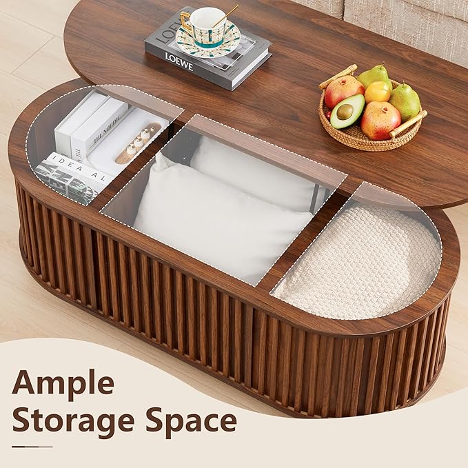 Oval Lift Top Coffee Table with Storage, 43.3”Mid Century Modern Center Table with Hidden Compartment, Fluted Wooden Lift Tabletop Dining Tables for Living Room Apartment Home Office,Walnut