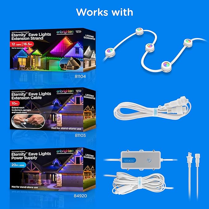 Enbrighten Vibe Eternity Permanent Outdoor Lights for House, 150ft, 108 RGBWIC LEDs, Close Spacing, 33lm, Color Changing, Christmas, Eave Lighting, Smart App, Works with Alexa, Google Home, 85102