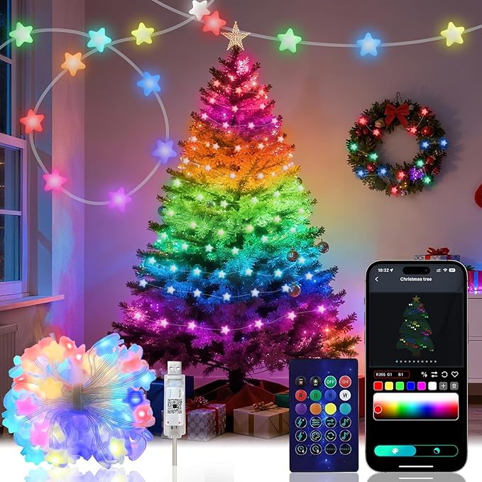 Smart Star String Lights 65.6Ft, Color Changing LED Fairy Lights with Remote & APP Control, Music Sync, Timer, RGB-IC Colored Twinkle Lights Hanging for Indoor Bedroom Party Christmas Decor
