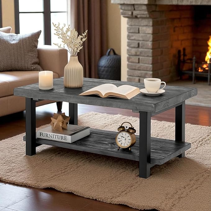 Pomona 2-Tier Rectangular Coffee Table - 42-Inch Reclaimed Wood Top with Lower Shelf Storage and Metal Legs - Farmhouse Rustic Industrial Style Living Room & Office Furniture (Slate Gray)