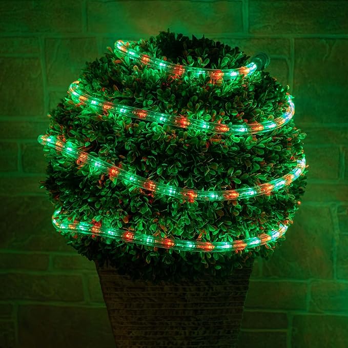 Wintergreen Lighting 150' Red and Green LED Rope Light, Christmas Outdoor Light Décor - LED Rope Lighting, 120V, ½ Inch, 2-Wire - Rope Light Clips and Power Cord Included