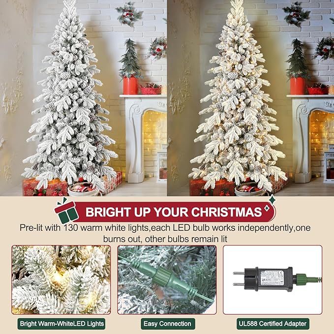6.5 FT Pre-Lit Snow Flocked Slim Fir Christmas Tree with 1085 PE & PVC Mixed Branch Tips,Artificial Skinny Pencil Xmas Tree with 700 Warm-White Lights & 37 Pine Cones,Hinged Pine Tree with Metal Stand