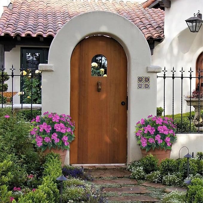 5PCS Artificial Impatiens Bouquet Flowers for Outdoors Silk Faux Flowers for Outdoor Fake Planters UV Resistant Spring Summer Indoor Decor Garden Porch Patio Window Kitchen Balcony, Purple