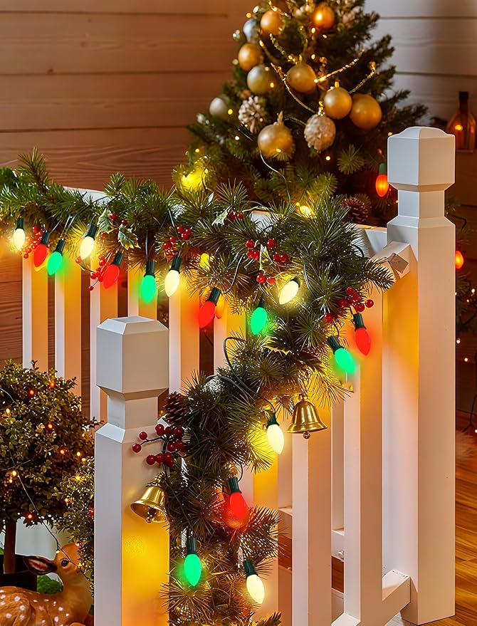 25Ft C9 LED Christmas Multicolor String Lights, Vintage Christmas Lights with 27 C9 Red/Green/White LED Bulbs, Outdoor Hanging Patio Light for Xmas Tree Path Roofline Wedding Party Decoration